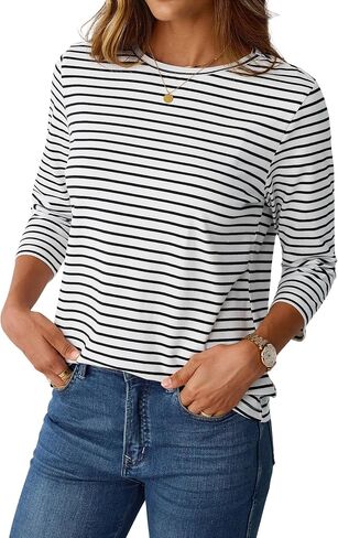 LilyCoco Womens 3/4 Length Sleeve Tops Striped Boatneck Shirt Breton French Cotton Tees in Kuwait