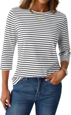 LilyCoco Womens 3/4 Length Sleeve Tops Striped Boatneck Shirt Breton French Cotton Tees in Kuwait