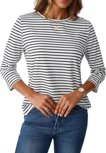 LilyCoco Womens 3/4 Length Sleeve Tops Striped Boatneck Shirt Breton French Cotton Tees in Kuwait