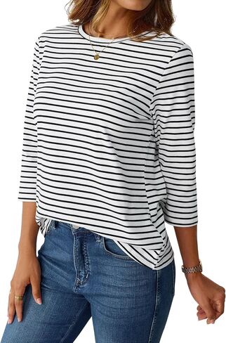 LilyCoco Womens 3/4 Length Sleeve Tops Striped Boatneck Shirt Breton French Cotton Tees in Kuwait