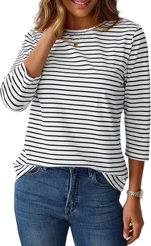 LilyCoco Womens 3/4 Length Sleeve Tops Striped Boatneck Shirt Breton French Cotton Tees in Kuwait