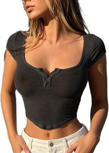 Women Sexy See Through Crop Top Sheer Low Cut Cap Short Sleeve Y2K Baby Tee Slim Fit Button Front Summer T Shirt in Kuwait