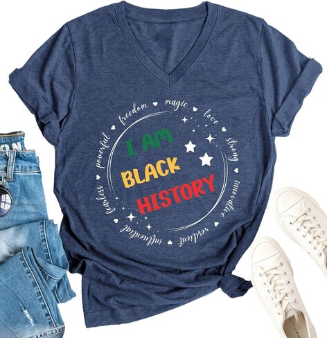 Juneteenth Shirt for Women I Am Black History T-Shirt African American T-Shirt V-Neck Graphic Tee Tops in Saudi Arabia