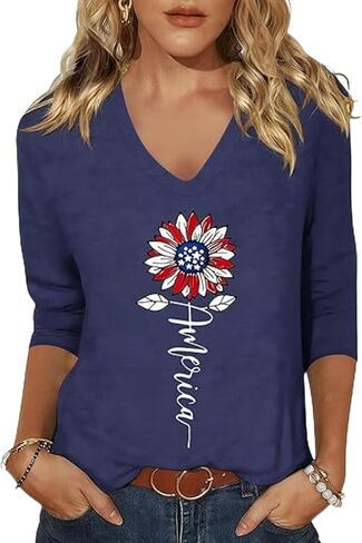 Womens American Flag V Neck Shirts 4th of July Star Stripes Graphic 3/4 Sleeve Patriotic Tee Casual Summer Top Blouse in Kuwait