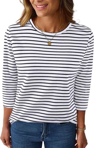 LilyCoco Womens 3/4 Length Sleeve Tops Striped Boatneck Shirt Breton French Cotton Tees in Kuwait