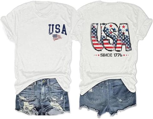4th of July Shirts for Women America Flag Shirts Patriot 1776 Memorial Day Tops Front Back Printing BBQ Tee in Saudi Arabia