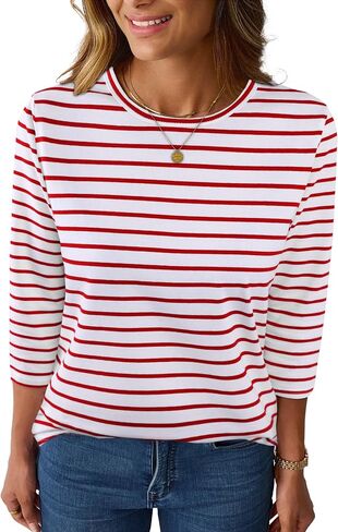 LilyCoco Womens 3/4 Length Sleeve Tops Striped Boatneck Shirt Breton French Cotton Tees in Kuwait