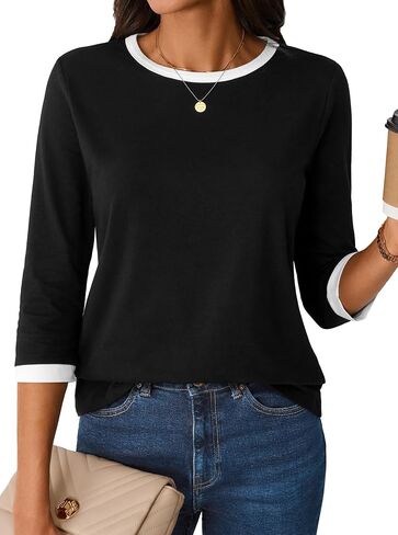 LilyCoco Womens 3/4 Length Sleeve Tops Striped Boatneck Shirt Breton French Cotton Tees in Kuwait