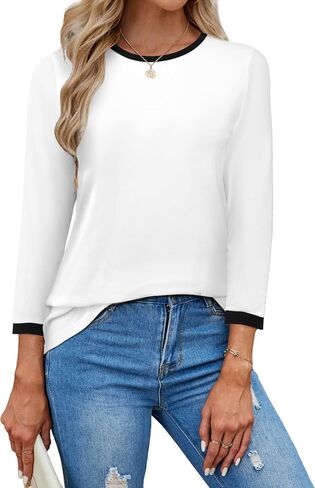 LilyCoco Womens 3/4 Length Sleeve Tops Striped Boatneck Shirt Breton French Cotton Tees in Kuwait