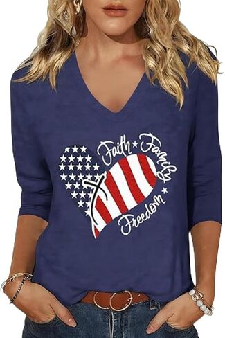 Womens American Flag V Neck Shirts 4th of July Star Stripes Graphic 3/4 Sleeve Patriotic Tee Casual Summer Top Blouse in Saudi Arabia