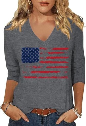 Womens American Flag V Neck Shirts 4th of July Star Stripes Graphic 3/4 Sleeve Patriotic Tee Casual Summer Top Blouse in Kuwait