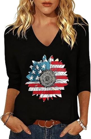 Womens American Flag V Neck Shirts 4th of July Star Stripes Graphic 3/4 Sleeve Patriotic Tee Casual Summer Top Blouse in Kuwait