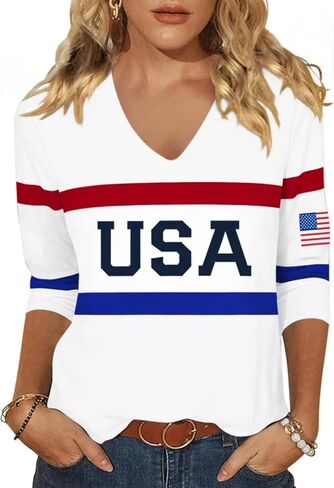 Womens American Flag V Neck Shirts 4th of July Star Stripes Graphic 3/4 Sleeve Patriotic Tee Casual Summer Top Blouse in Kuwait