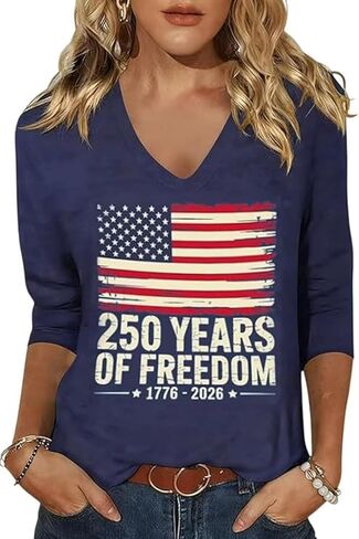 Womens American Flag V Neck Shirts 4th of July Star Stripes Graphic 3/4 Sleeve Patriotic Tee Casual Summer Top Blouse in Kuwait