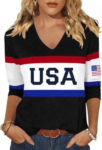 Womens American Flag V Neck Shirts 4th of July Star Stripes Graphic 3/4 Sleeve Patriotic Tee Casual Summer Top Blouse in Kuwait