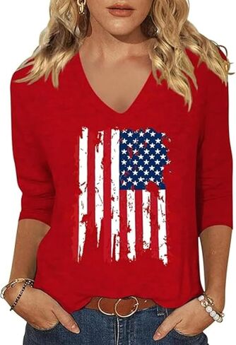 Womens American Flag V Neck Shirts 4th of July Star Stripes Graphic 3/4 Sleeve Patriotic Tee Casual Summer Top Blouse in Kuwait