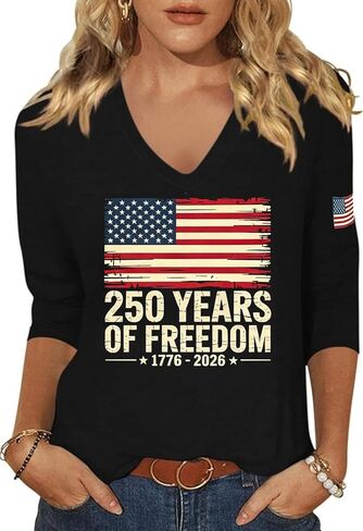 Womens American Flag V Neck Shirts 4th of July Star Stripes Graphic 3/4 Sleeve Patriotic Tee Casual Summer Top Blouse in Kuwait