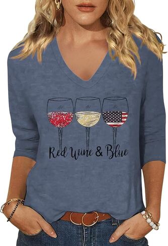 Womens American Flag V Neck Shirts 4th of July Star Stripes Graphic 3/4 Sleeve Patriotic Tee Casual Summer Top Blouse in Kuwait