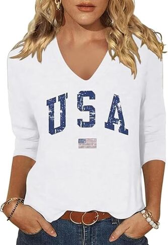 Womens American Flag V Neck Shirts 4th of July Star Stripes Graphic 3/4 Sleeve Patriotic Tee Casual Summer Top Blouse in Kuwait