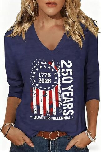 Womens American Flag V Neck Shirts 4th of July Star Stripes Graphic 3/4 Sleeve Patriotic Tee Casual Summer Top Blouse in Kuwait