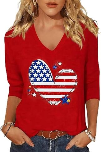 Womens American Flag V Neck Shirts 4th of July Star Stripes Graphic 3/4 Sleeve Patriotic Tee Casual Summer Top Blouse in Kuwait