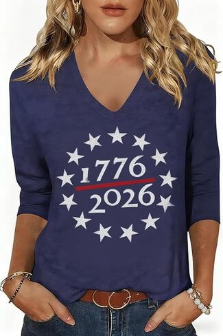Womens American Flag V Neck Shirts 4th of July Star Stripes Graphic 3/4 Sleeve Patriotic Tee Casual Summer Top Blouse in Kuwait