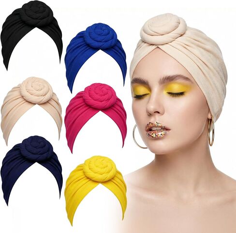 6pcs Knotted Headwraps for Women Head Wraps for Women African Turbans Pre-Knotted Beanie Headwraps Hair Covers Hair Wraps Cover in Saudi Arabia
