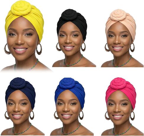 6pcs Knotted Headwraps for Women Head Wraps for Women African Turbans Pre-Knotted Beanie Headwraps Hair Covers Hair Wraps Cover in Saudi Arabia