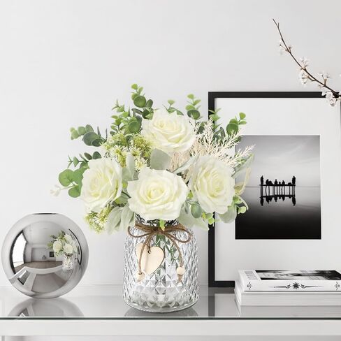 HOHOTIME Artificial Flowers with Vase, White Silk Roses Fake Flower Arrangement with Eucalyptus, Faux Plant Vase for Home Office Dining Table Centerpiece Coffee Table Decor Farmhouse Decoration in Kuwait