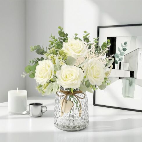 HOHOTIME Artificial Flowers with Vase, White Silk Roses Fake Flower Arrangement with Eucalyptus, Faux Plant Vase for Home Office Dining Table Centerpiece Coffee Table Decor Farmhouse Decoration in Kuwait