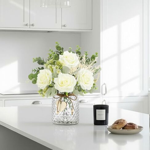HOHOTIME Artificial Flowers with Vase, White Silk Roses Fake Flower Arrangement with Eucalyptus, Faux Plant Vase for Home Office Dining Table Centerpiece Coffee Table Decor Farmhouse Decoration in Kuwait