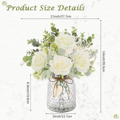 HOHOTIME Artificial Flowers with Vase, White Silk Roses Fake Flower Arrangement with Eucalyptus, Faux Plant Vase for Home Office Dining Table Centerpiece Coffee Table Decor Farmhouse Decoration in Kuwait