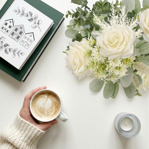 HOHOTIME Artificial Flowers with Vase, White Silk Roses Fake Flower Arrangement with Eucalyptus, Faux Plant Vase for Home Office Dining Table Centerpiece Coffee Table Decor Farmhouse Decoration in Kuwait