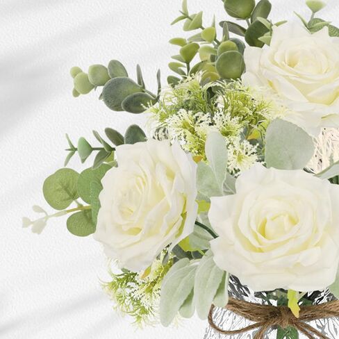 HOHOTIME Artificial Flowers with Vase, White Silk Roses Fake Flower Arrangement with Eucalyptus, Faux Plant Vase for Home Office Dining Table Centerpiece Coffee Table Decor Farmhouse Decoration in Kuwait