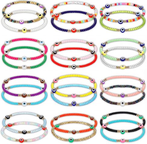 Liliaafar 24 Pcs Evil Eye Anklet Bracelet Bulks for Women Mexican Hamsa Mal De Ojo Handmade Elastic Beaded Anklet Charm Jewelry Gift for Beach Summer in Kuwait