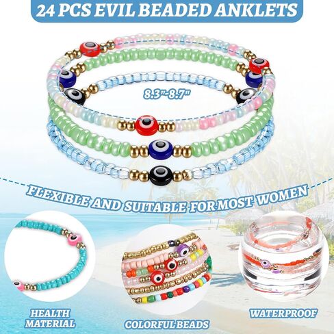 Liliaafar 24 Pcs Evil Eye Anklet Bracelet Bulks for Women Mexican Hamsa Mal De Ojo Handmade Elastic Beaded Anklet Charm Jewelry Gift for Beach Summer in Kuwait