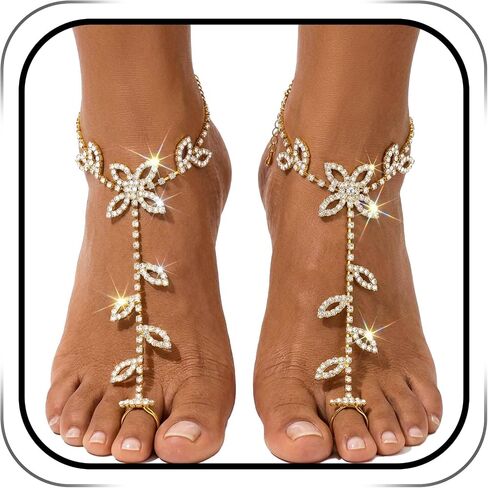 Rhinestone Leaf Anklet with Toe Ring, Layered Coin Barefoot Sandals Foot Chain, Bridal Beach Wedding Foot Jewelry in Saudi Arabia