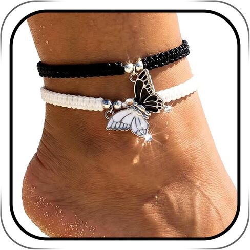 BFF Butterfly Braided Ankle Bracelets, Black Handmade Friendship Couples Adjustable Woven Anklet Set in Saudi Arabia