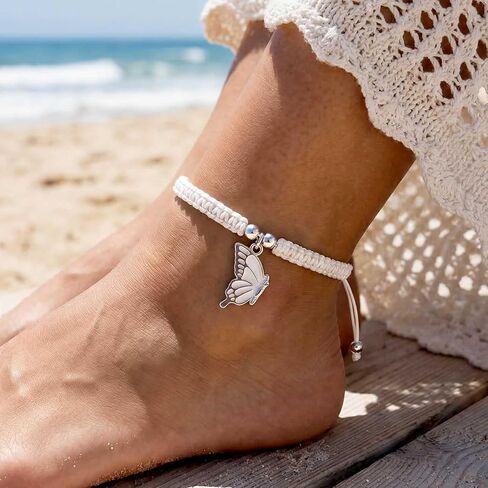BFF Butterfly Braided Ankle Bracelets, Black Handmade Friendship Couples Adjustable Woven Anklet Set in Saudi Arabia