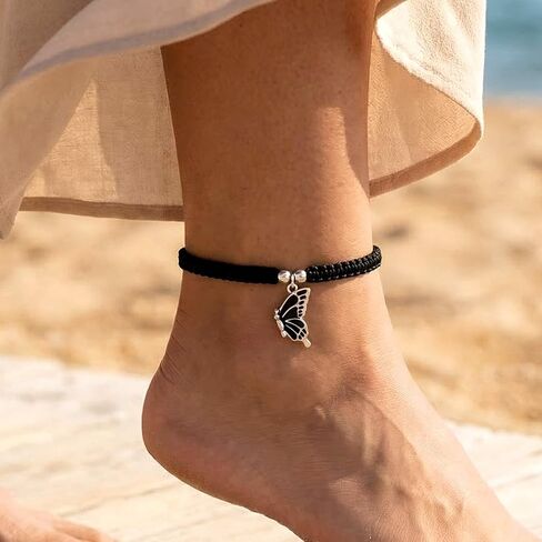 BFF Butterfly Braided Ankle Bracelets, Black Handmade Friendship Couples Adjustable Woven Anklet Set in Saudi Arabia