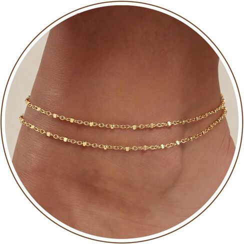 14K Gold Plated Ankle Bracelets for Women, Dainty Waterproof Gold Plated Link Chain Anklets Non Tarnish Set Pack Summer Beach Jewelry Gift in Saudi Arabia