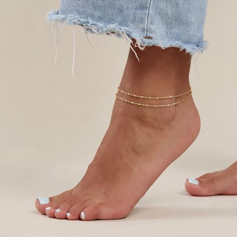 14K Gold Plated Ankle Bracelets for Women, Dainty Waterproof Gold Plated Link Chain Anklets Non Tarnish Set Pack Summer Beach Jewelry Gift in Saudi Arabia