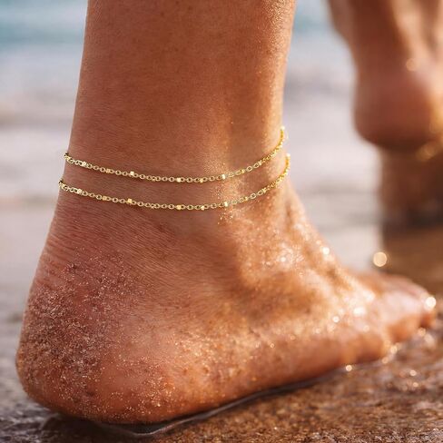 14K Gold Plated Ankle Bracelets for Women, Dainty Waterproof Gold Plated Link Chain Anklets Non Tarnish Set Pack Summer Beach Jewelry Gift in Saudi Arabia
