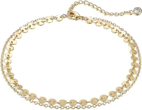 Dainty Gold Double Layer Disc Anklet for Women, 14K Gold Plated Sequin Chain Foot Bracelet, 8.5"+2" Adjustable Delicate Stackable Ankle Bracelet, Minimalist Summer Beach Jewelry Gift for Her in Saudi Arabia