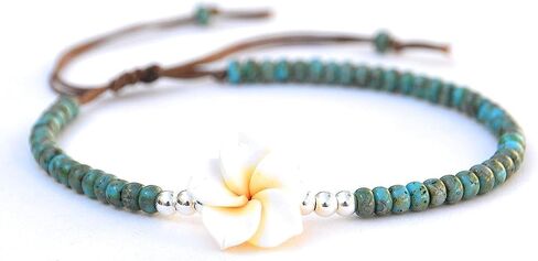 Boho Beaded Anklet for Women, Unique Bohemian Turquoise and Sterling Silver Beaded Anklet with Hawaii Hawaiian Plumeria Flower, Handmade by Tribes (Turquoise) in Saudi Arabia