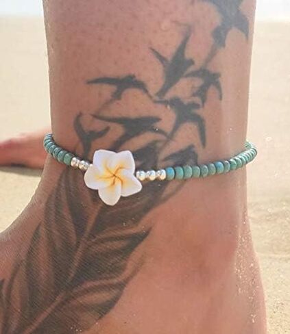 Boho Beaded Anklet for Women, Unique Bohemian Turquoise and Sterling Silver Beaded Anklet with Hawaii Hawaiian Plumeria Flower, Handmade by Tribes (Turquoise) in Saudi Arabia