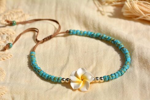 Boho Beaded Anklet for Women, Unique Bohemian Turquoise and Sterling Silver Beaded Anklet with Hawaii Hawaiian Plumeria Flower, Handmade by Tribes (Turquoise) in Saudi Arabia