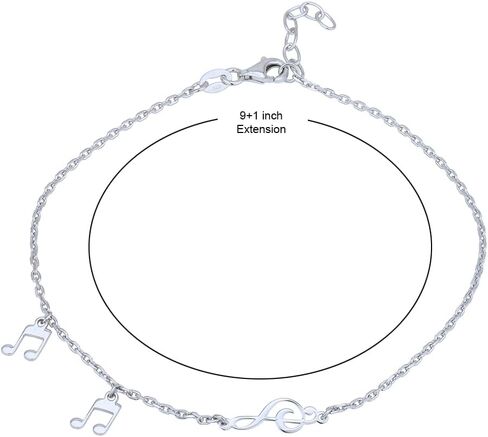 Vanbelle Sterling Silver Jewelry - Rhodium Plated with 925 Stamp - Music Notes Charm Anklets for Women - 9 Inch long + 1 Inch Extender in Kuwait