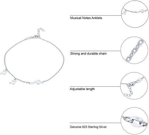 Vanbelle Sterling Silver Jewelry - Rhodium Plated with 925 Stamp - Music Notes Charm Anklets for Women - 9 Inch long + 1 Inch Extender in Kuwait