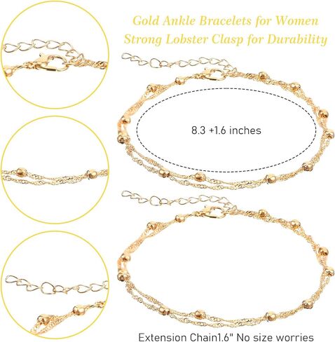 Ankle Bracelets for Women Gold Plated Anklet for Women Waterproof Adjustable Stackable Link Double Layer Anklet Beaded Summer Beach Foot Jewelry for Woman Gold Jewelry Gift Non Tarnish Lightweight in Saudi Arabia